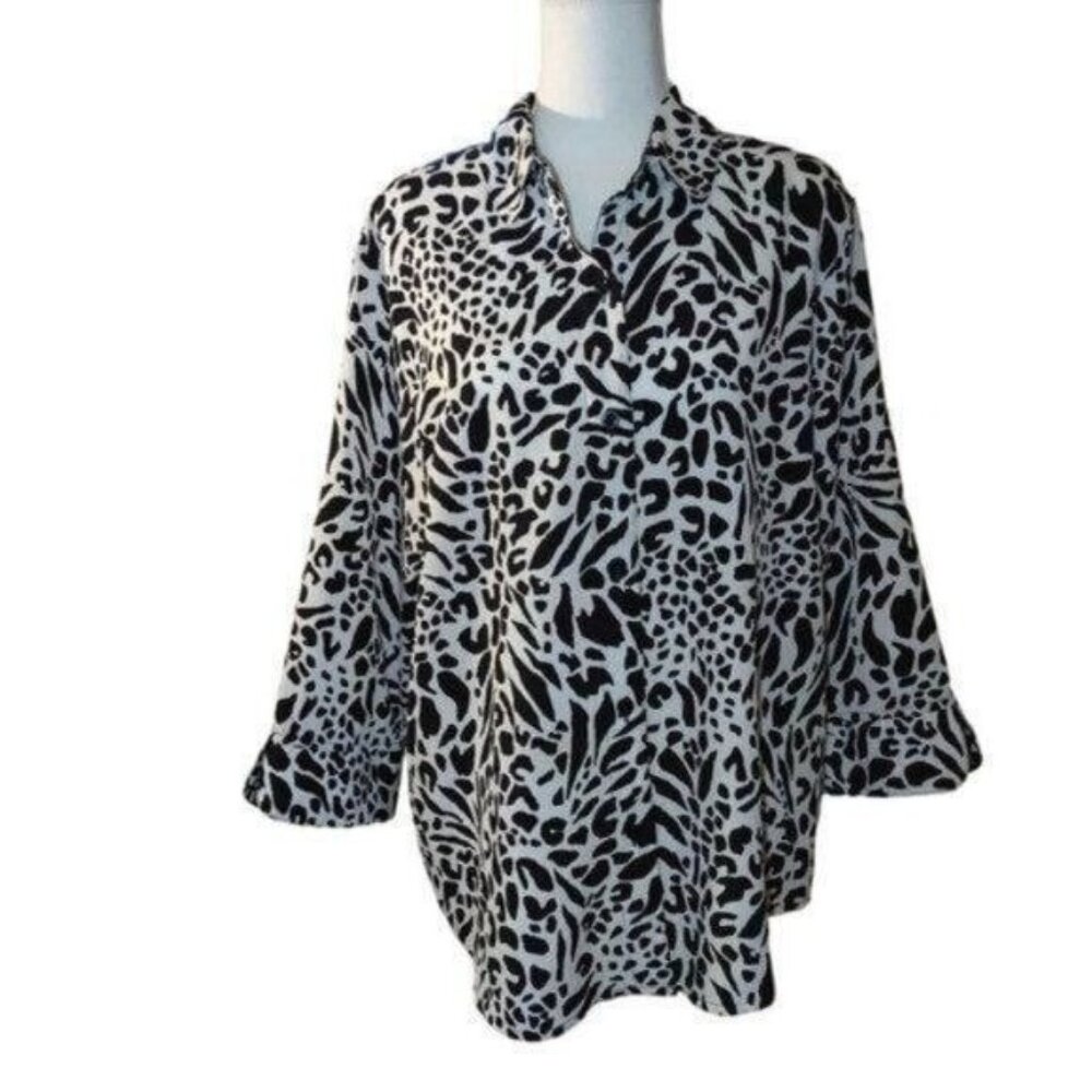 Alfred Dunner Womens Animal Print Blouse/TOP- 3/4 Sleeve Button-Up Size 14